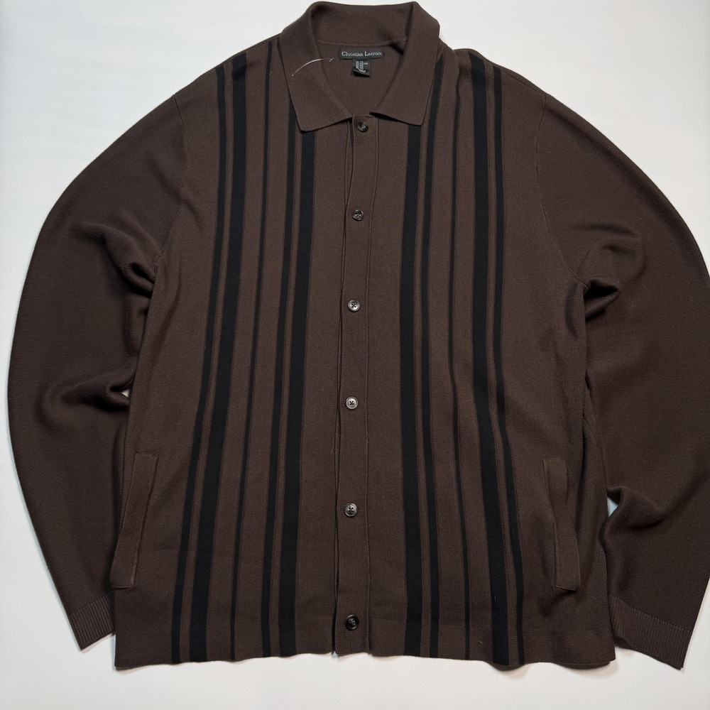Christian Lacroix Sweater Mens 2XL Brown Striped Button Front Cardigan Knit